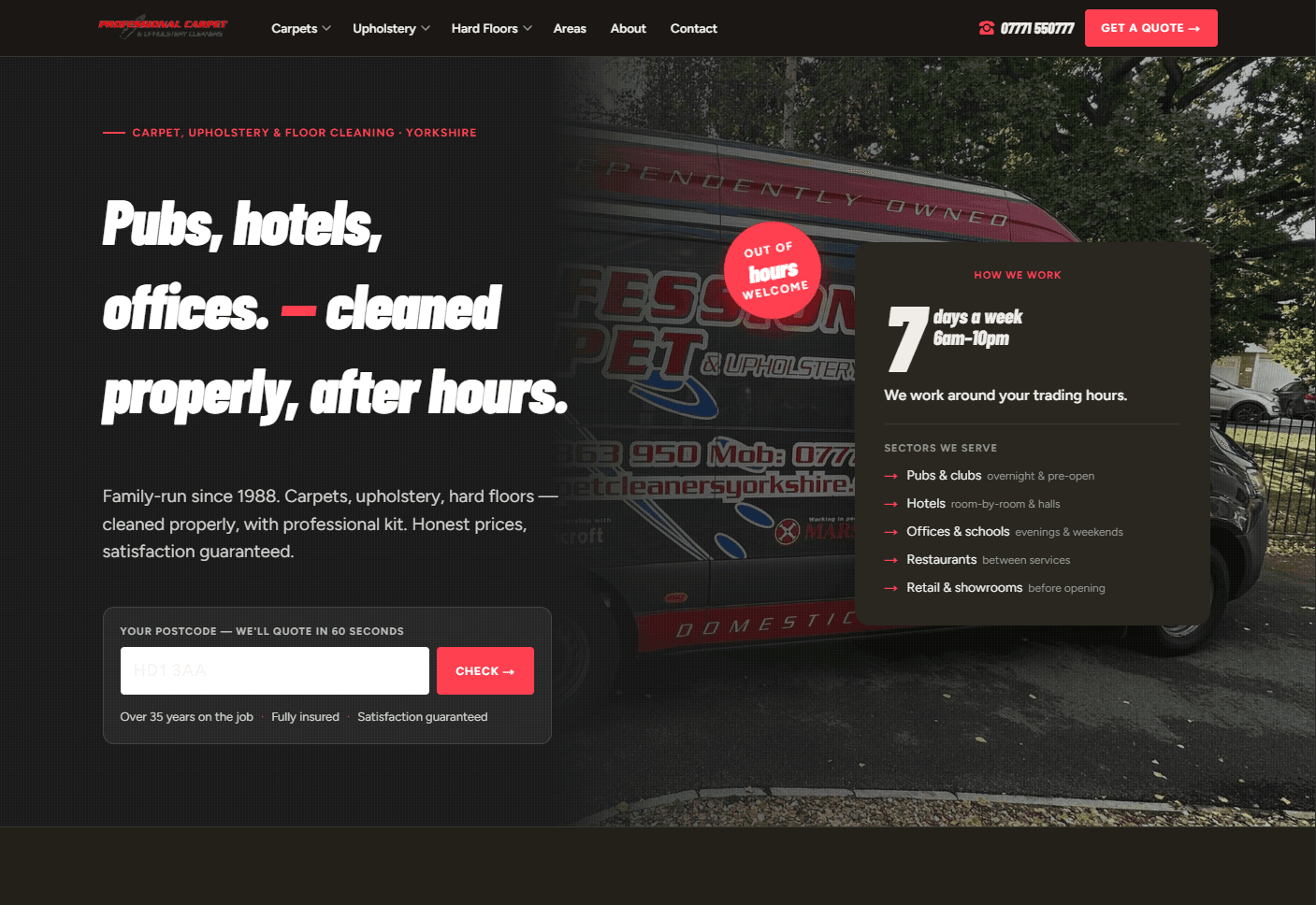 Professional Carpet Cleaners website hero — pubs, hotels, offices, cleaned properly, after hours